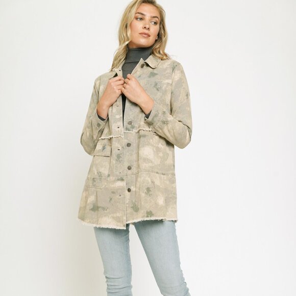 MYSTREE TIERED LONG TRUCKER JACKET Camo Utility Shacket, Beige Green Distressed - Picture 3 of 10